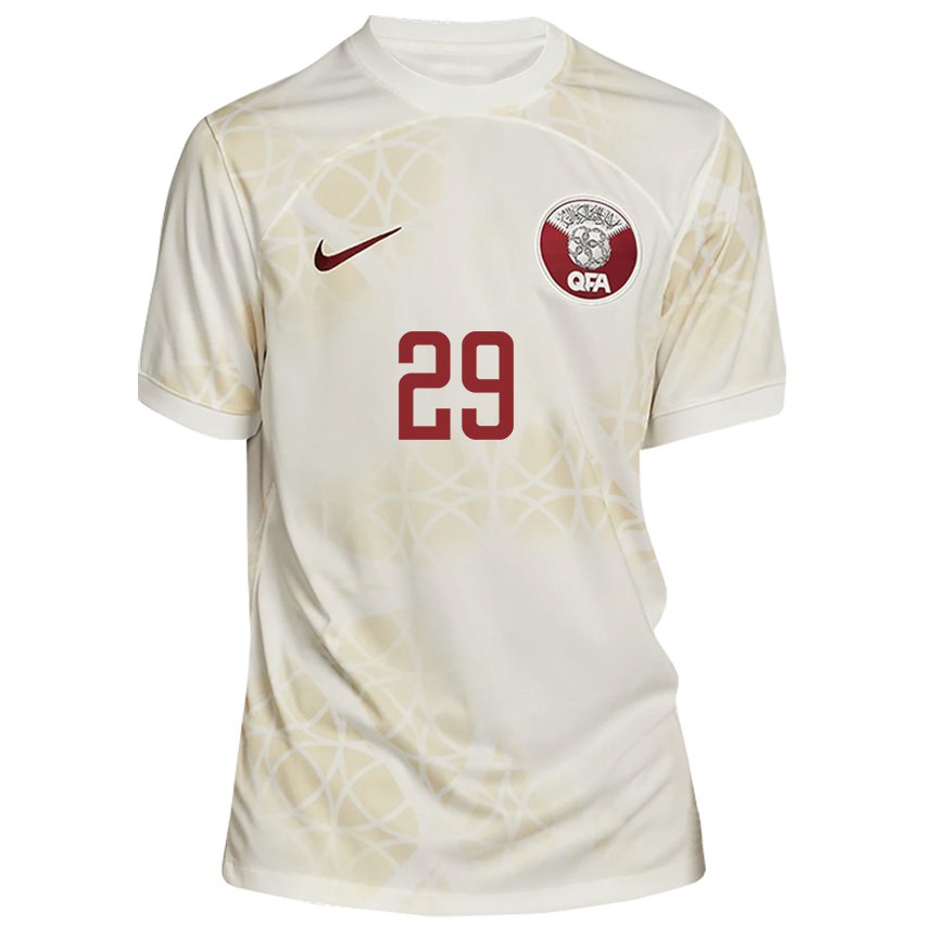 Kinder Katarische Mohamed Emad Aiash #29 Goldbeige Auswärtstrikot Trikot 22-24 T-shirt