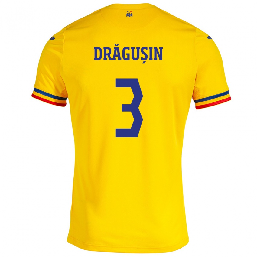 Kinder Rumänische Radu Drăgușin #3 Gelb Heimtrikot Trikot 24-26 T-Shirt