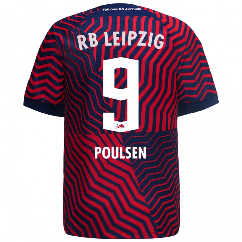 Kinder Yussuf Poulsen #9 Blau Rot Auswärtstrikot Trikot 2023/24 T-Shirt