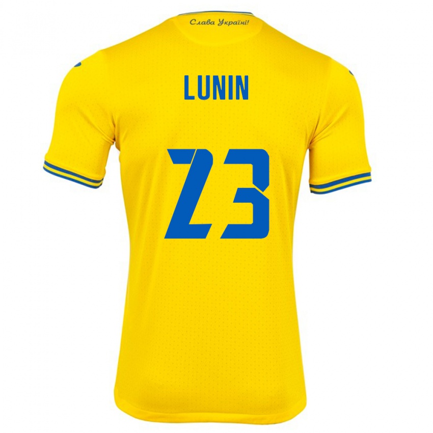 Kinder Ukraine Andriy Lunin #23 Gelb Heimtrikot Trikot 24-26 T-Shirt