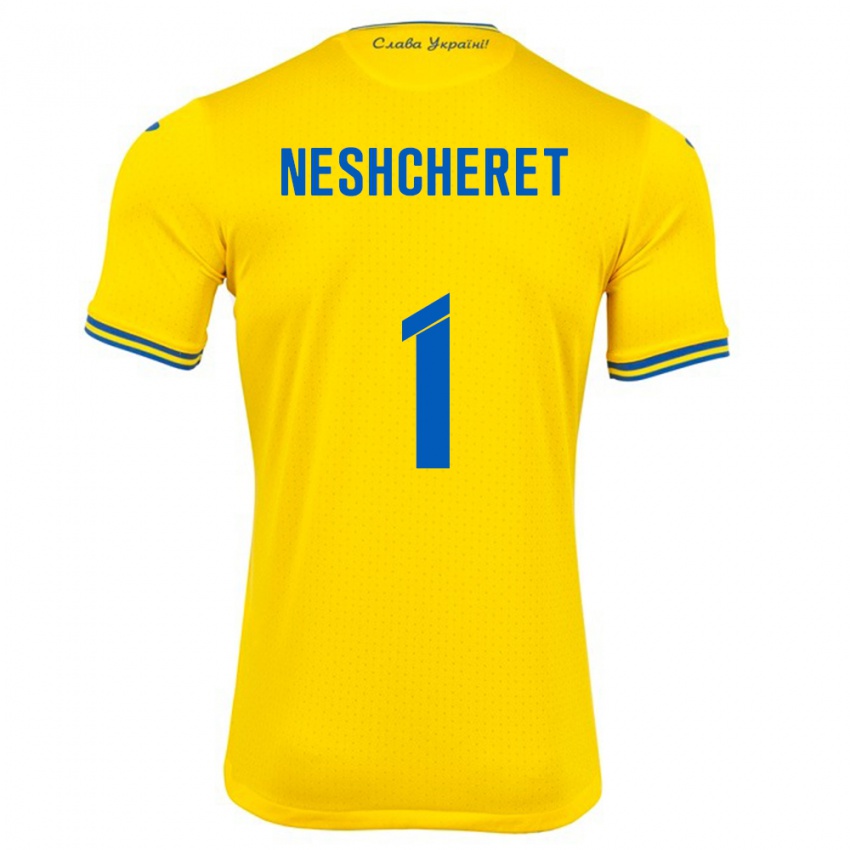 Kinder Ukraine Ruslan Neshcheret #1 Gelb Heimtrikot Trikot 24-26 T-Shirt