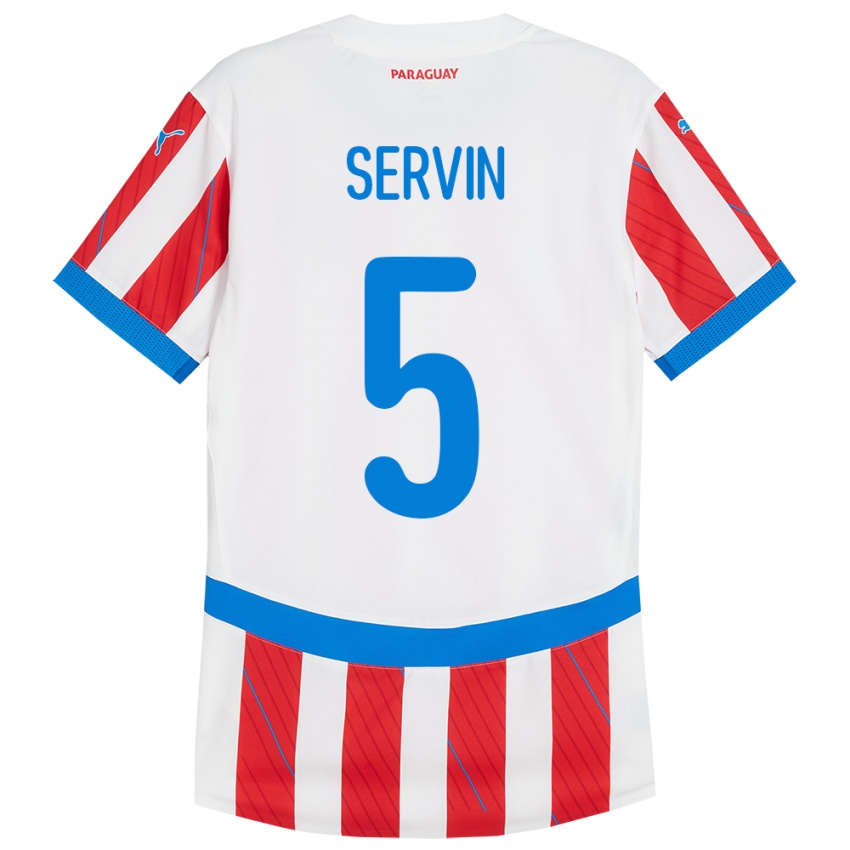 Herren Paraguay Thiago Servín #5 Weiß Rot Heimtrikot Trikot 24-26 T-Shirt
