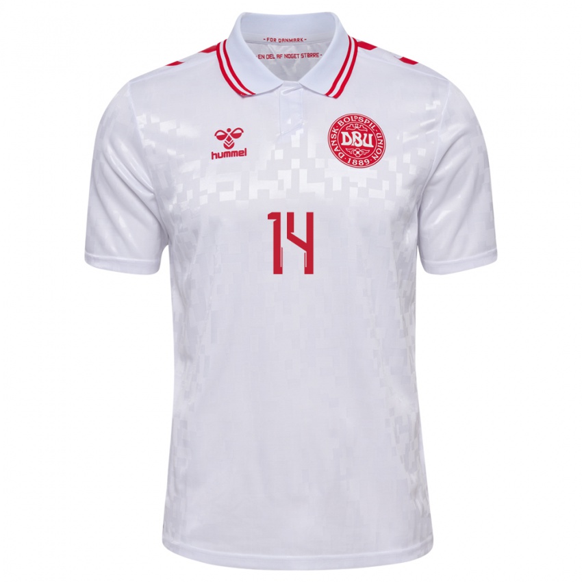Herren Dänemark Mikkel Damsgaard #14 Weiß Auswärtstrikot Trikot 24-26 T-Shirt