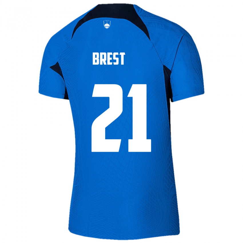 Herren Slowenien Marko Brest #21 Blau Auswärtstrikot Trikot 24-26 T-Shirt