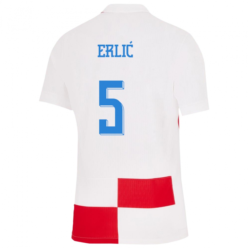 Damen Kroatien Martin Erlic #5 Weiß Rot Heimtrikot Trikot 24-26 T-Shirt