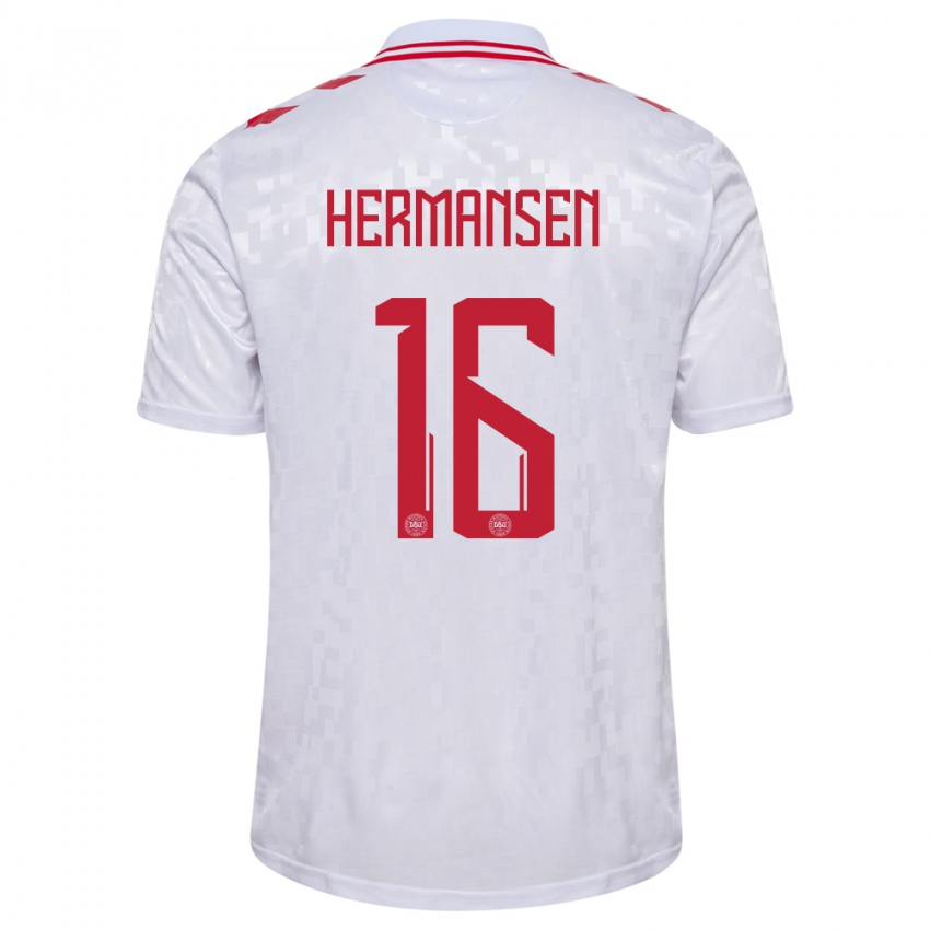 Damen Dänemark Mads Hermansen #16 Weiß Auswärtstrikot Trikot 24-26 T-Shirt