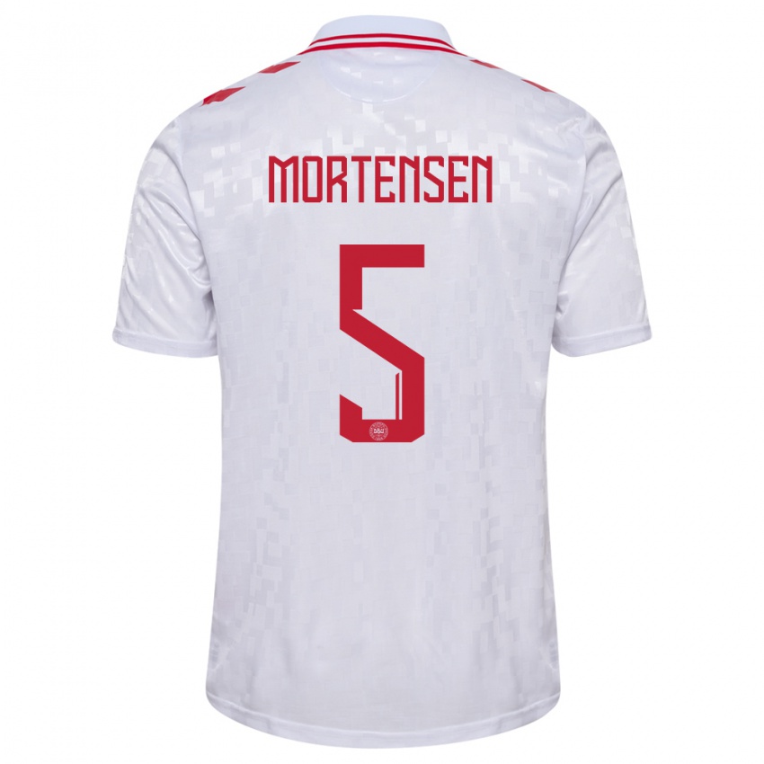 Damen Dänemark Gustav Mortensen #5 Weiß Auswärtstrikot Trikot 24-26 T-Shirt