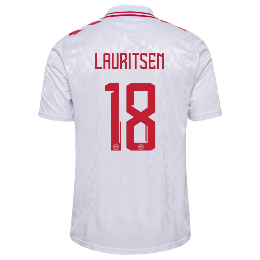 Damen Dänemark Tobias Lauritsen #18 Weiß Auswärtstrikot Trikot 24-26 T-Shirt