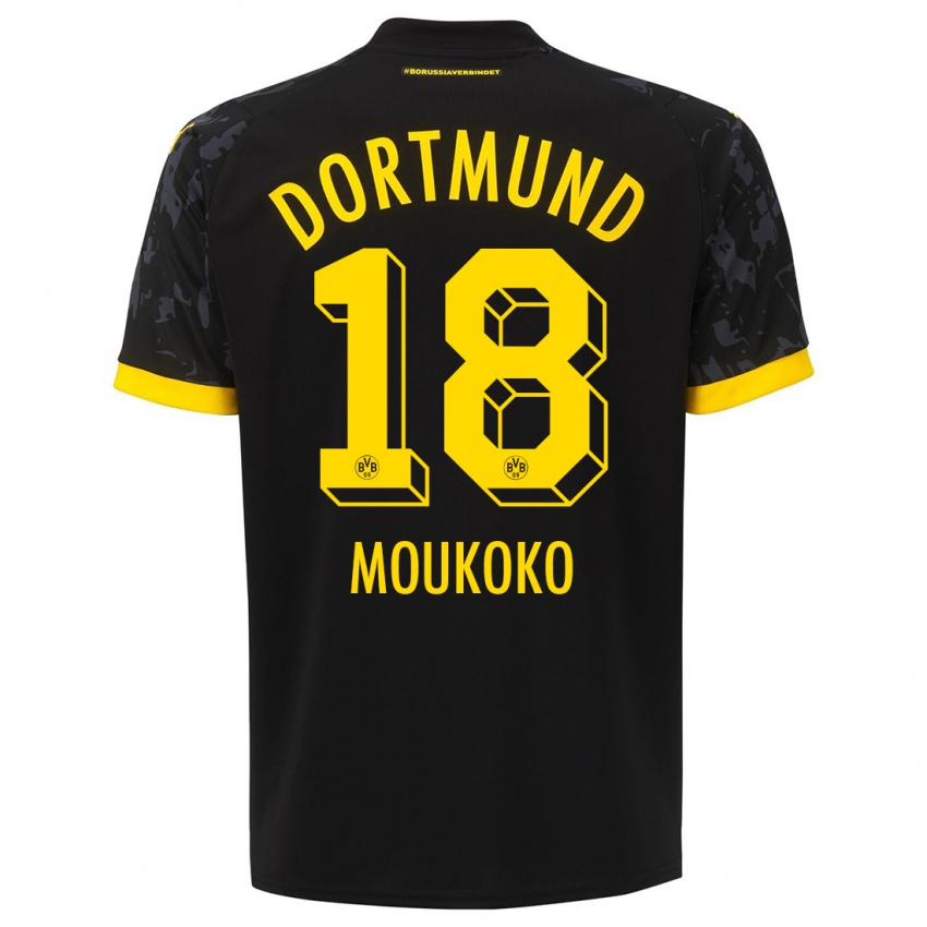 Kinder Youssoufa Moukoko #18 Schwarz Auswärtstrikot Trikot 2023/24 T-Shirt