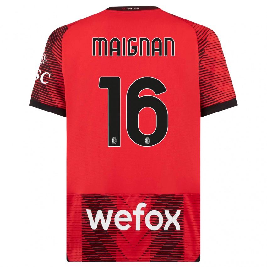 Damen Mike Maignan #16 Rot Schwarz Heimtrikot Trikot 2023/24 T-Shirt