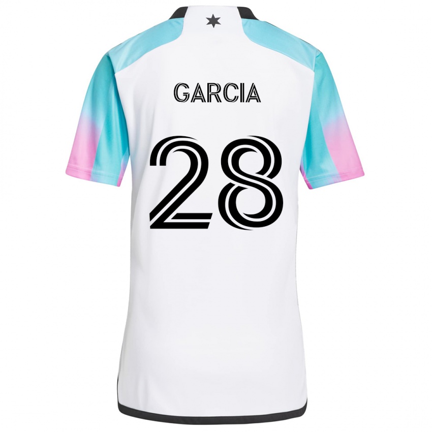 Kinder Mender García #28 Weiß Blau Schwarz Auswärtstrikot Trikot 2024/25 T-Shirt