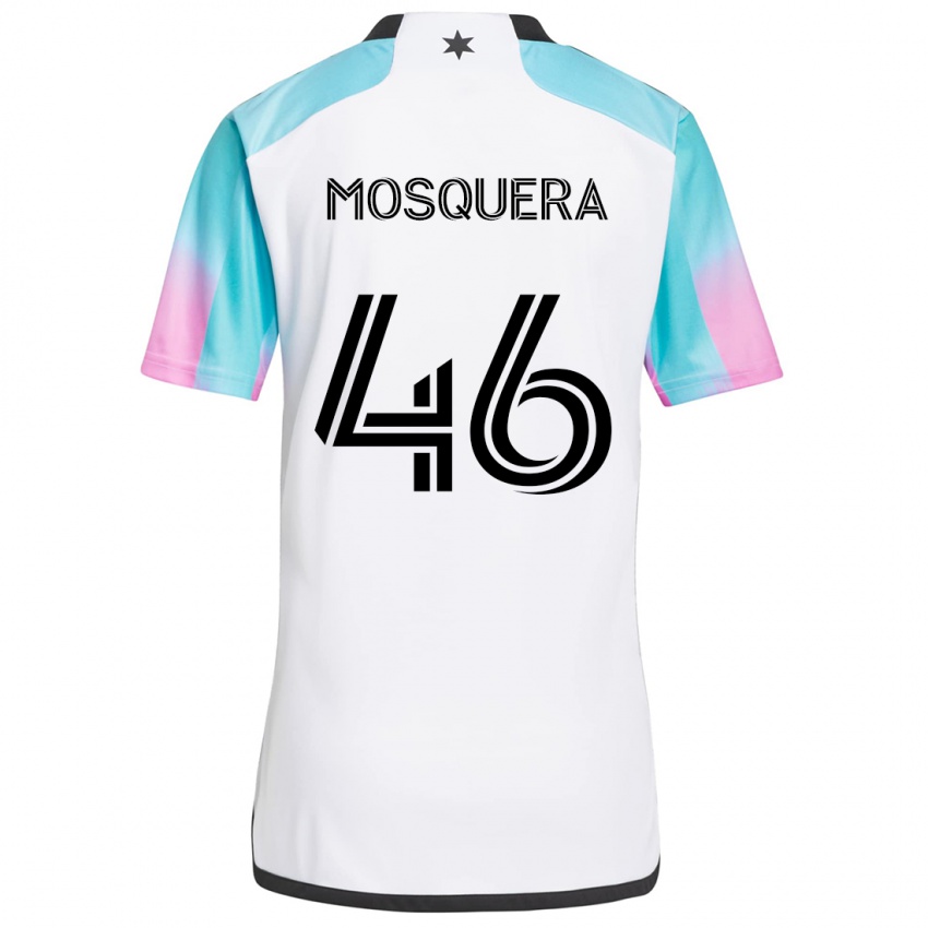 Kinder Juan Camilo Mosquera #46 Weiß Blau Schwarz Auswärtstrikot Trikot 2024/25 T-Shirt