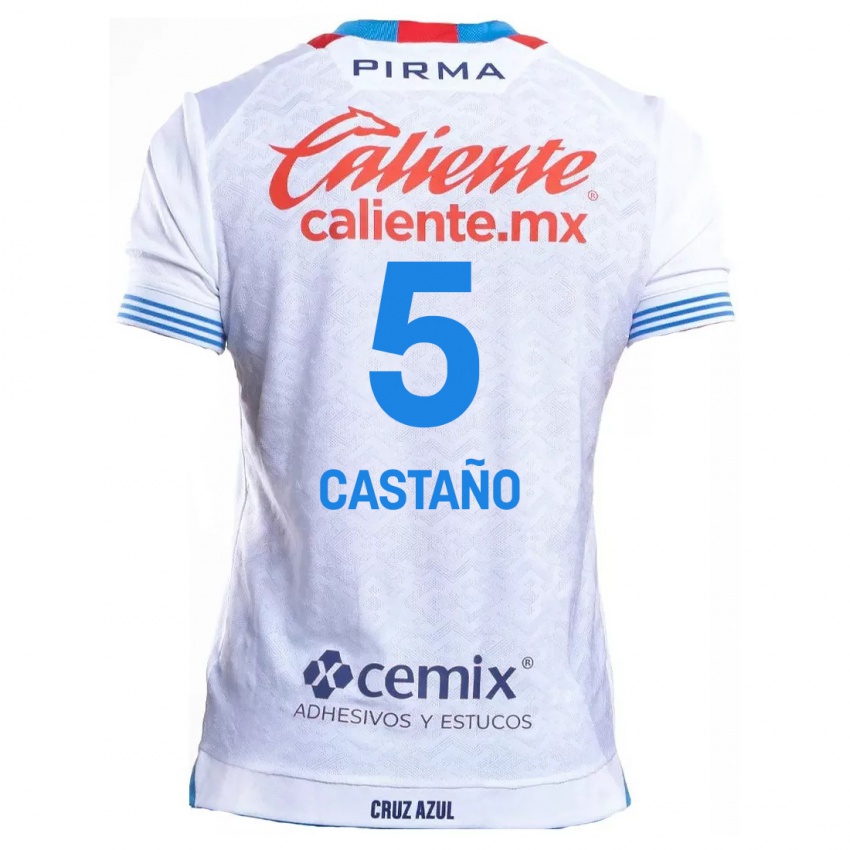 Kinder Kevin Castaño #5 Weiß Blau Auswärtstrikot Trikot 2024/25 T-Shirt