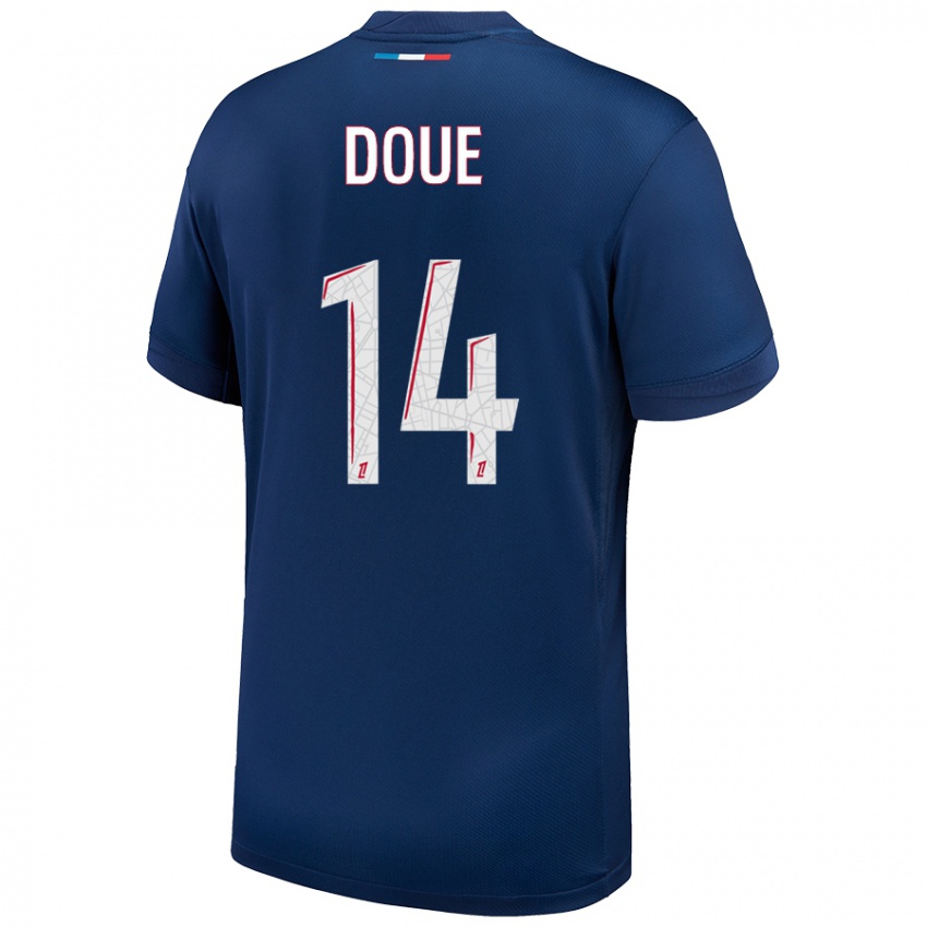 Kinder Désiré Doué #14 Marineblau Weiß Heimtrikot Trikot 2024/25 T-Shirt