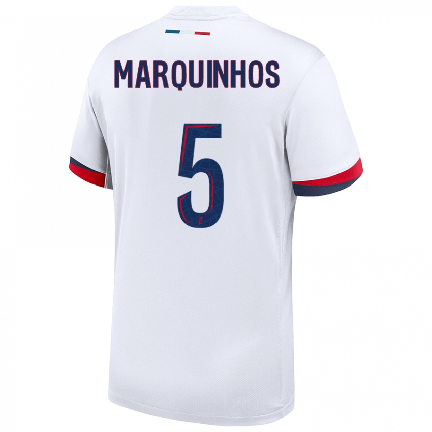 Kinder Marquinhos #5 Weiß Blau Rot Auswärtstrikot Trikot 2024/25 T-Shirt