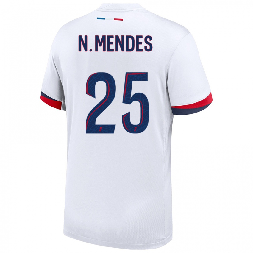 Kinder Nuno Mendes #25 Weiß Blau Rot Auswärtstrikot Trikot 2024/25 T-Shirt