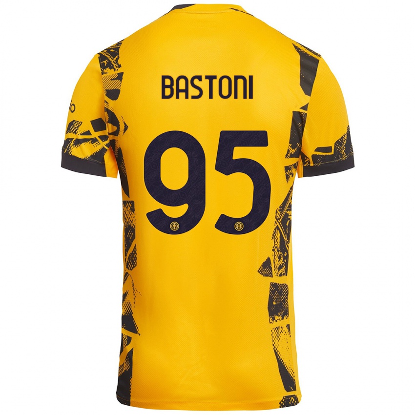 Kinder Alessandro Bastoni #95 Gold Schwarz Ausweichtrikot Trikot 2024/25 T-Shirt