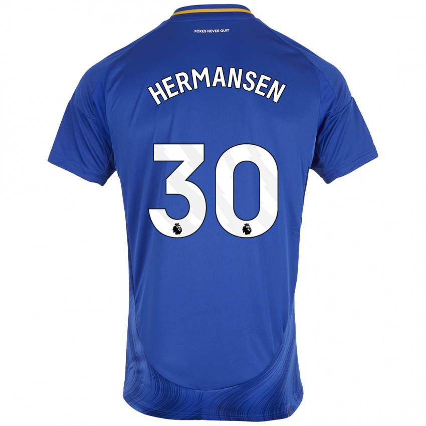 Kinder Mads Hermansen #30 Blau Weiß Heimtrikot Trikot 2024/25 T-Shirt