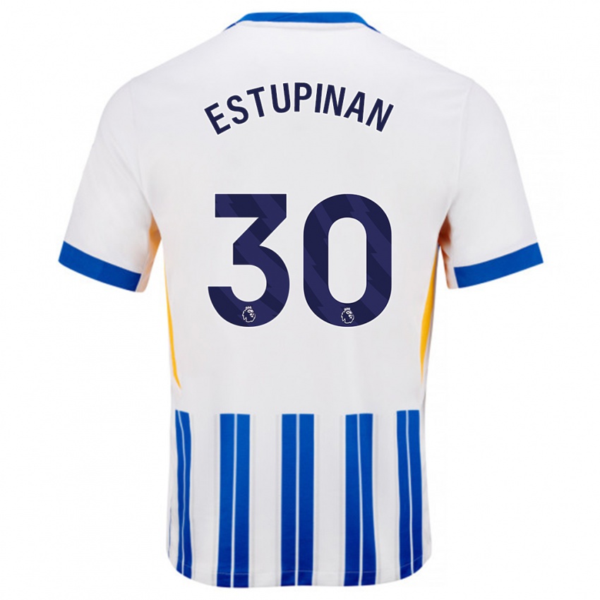 Kinder Pervis Estupiñán #30 Weiß Blaue Nadelstreifen Heimtrikot Trikot 2024/25 T-Shirt