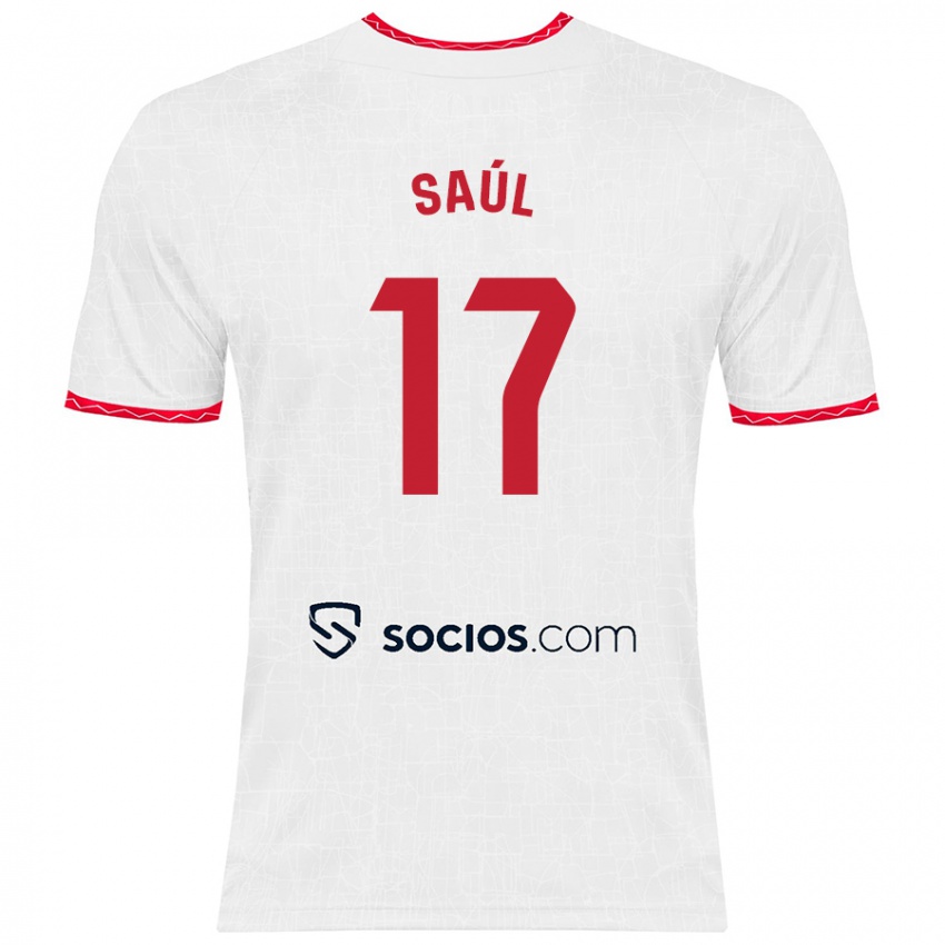 Kinder Saul Niguez #17 Weiß Rot Heimtrikot Trikot 2024/25 T-Shirt