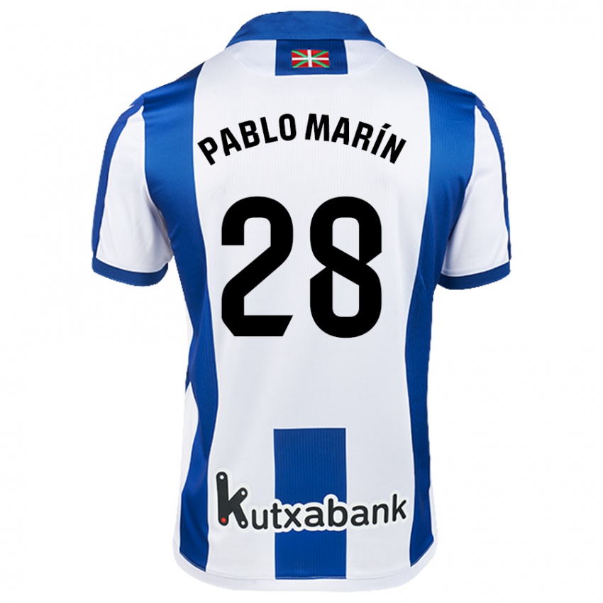 Kinder Pablo Marín #28 Weiß Blau Heimtrikot Trikot 2024/25 T-Shirt