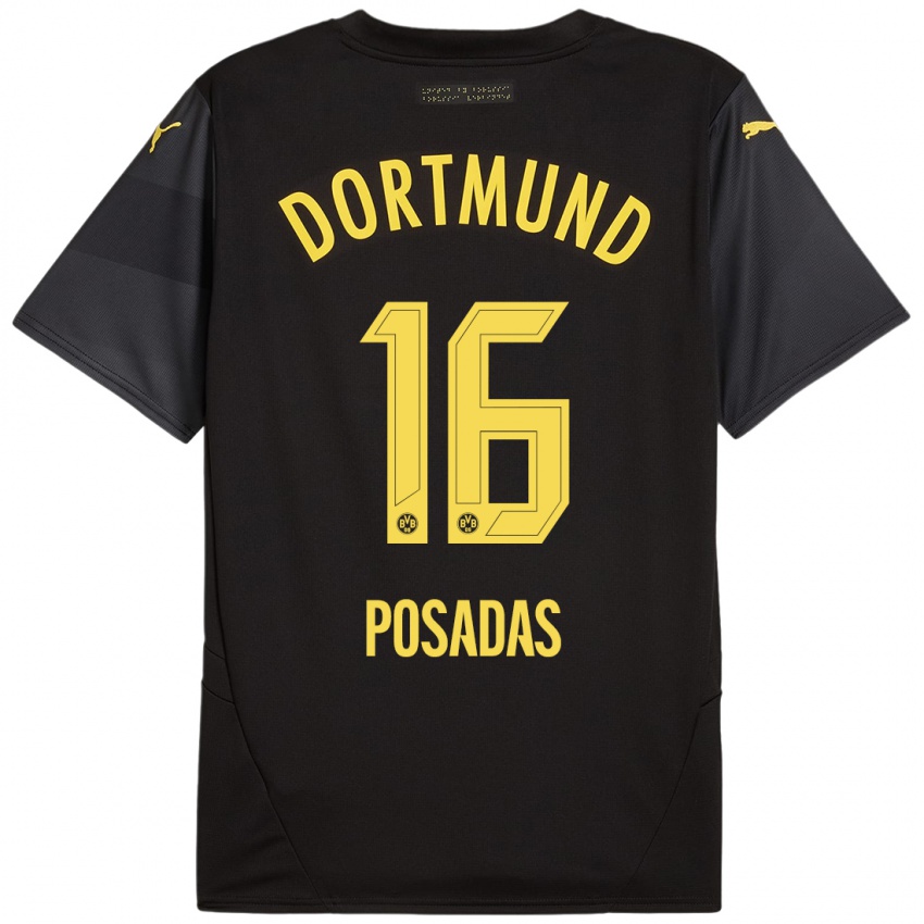 Kinder Leonardo Posadas #16 Schwarz Gelb Auswärtstrikot Trikot 2024/25 T-Shirt