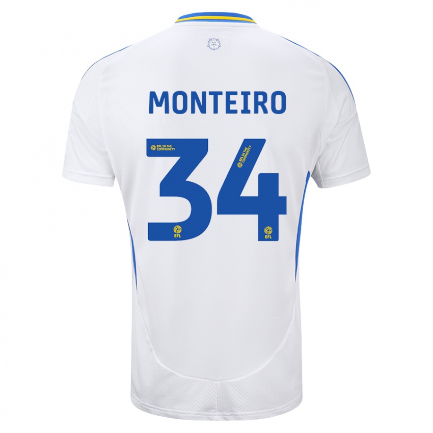 Kinder Diogo Monteiro #34 Weiß Blau Heimtrikot Trikot 2024/25 T-Shirt