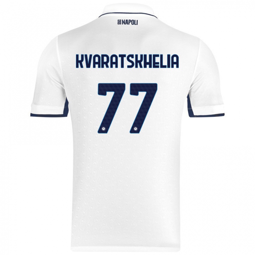 Kinder Khvicha Kvaratskhelia #77 Weiß Königsblau Auswärtstrikot Trikot 2024/25 T-Shirt