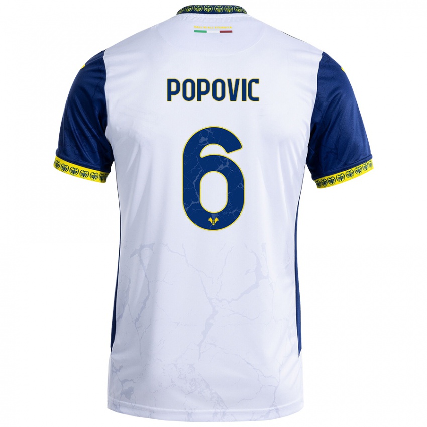 Kinder Andrej Popovic #6 Weiß Blau Auswärtstrikot Trikot 2024/25 T-Shirt