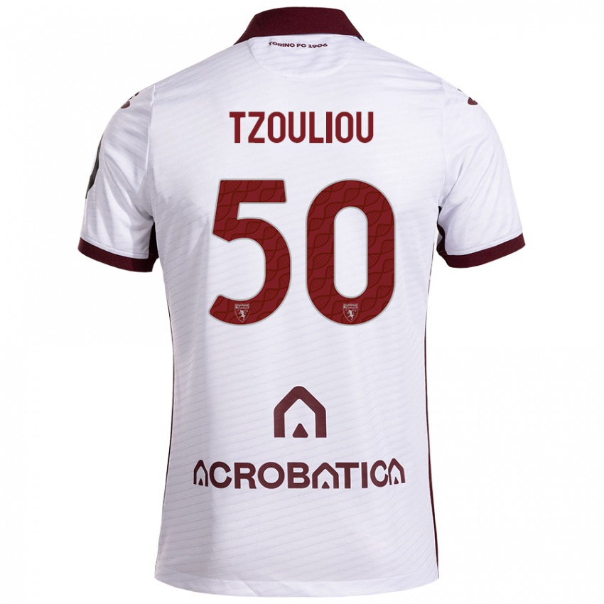 Kinder Dimitrianos Tzouliou #50 Weiß Kastanienbraun Auswärtstrikot Trikot 2024/25 T-Shirt